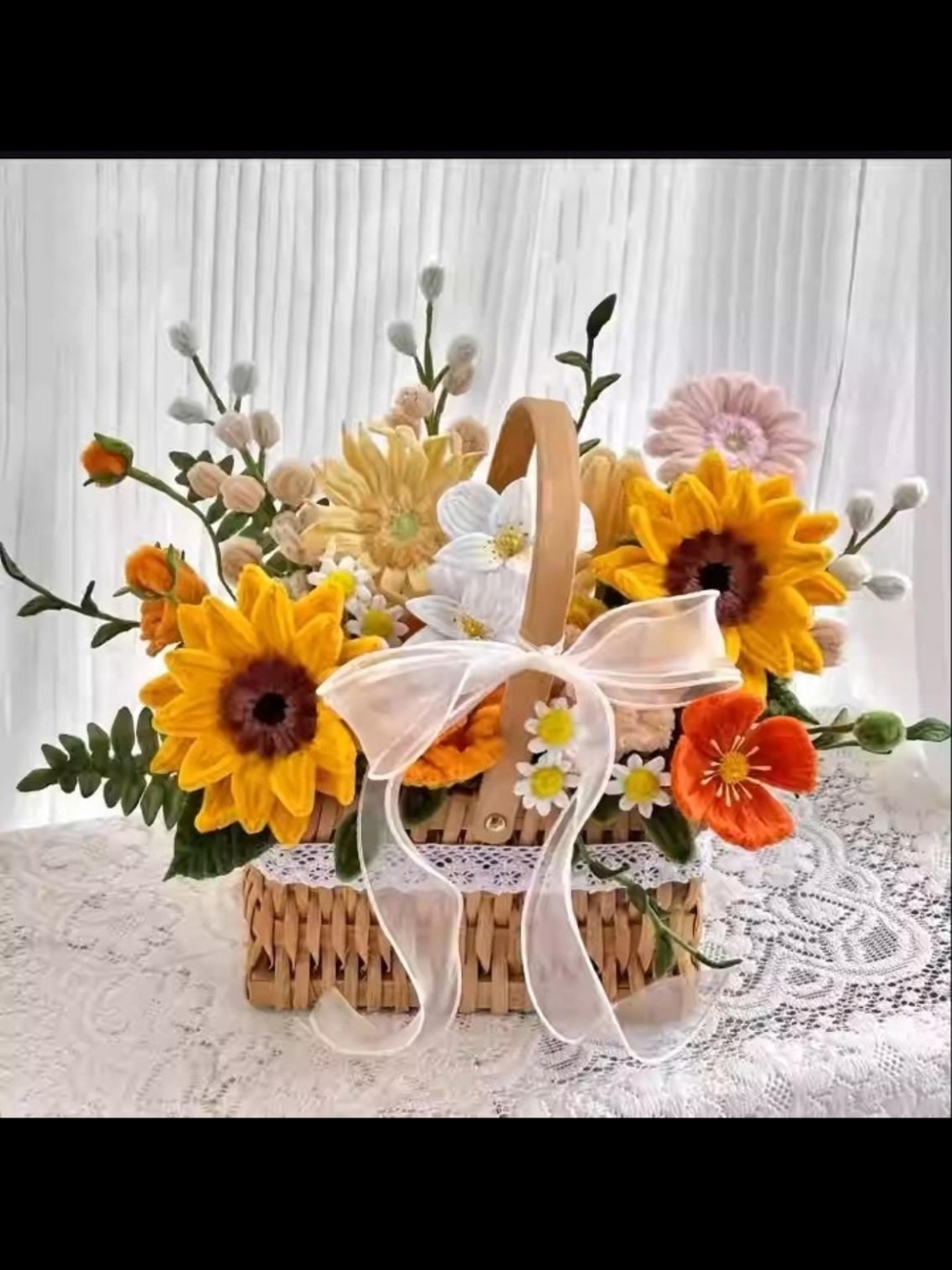 Sunflower & Daisy Basket Arrangement - Yellow, Orange, White